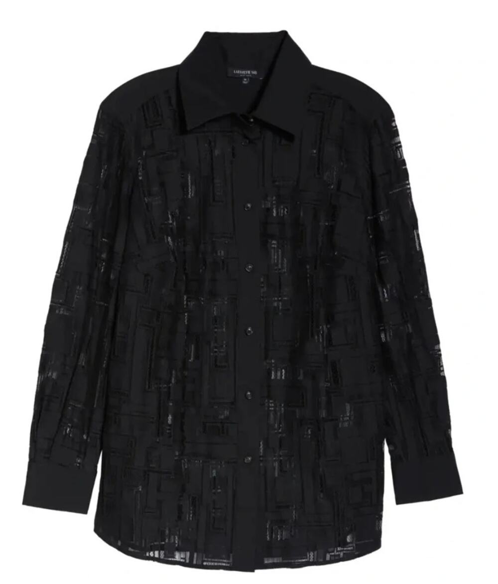 Lafayette 148 New York James Black Lace Sheer Button Up Blouse Size Medium